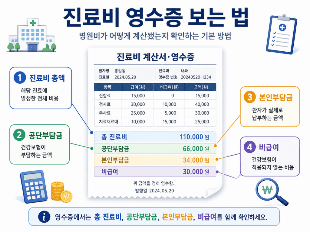 진료비 영수증 보는 방법: 진료비 총액, 공단부담금, 본인부담금, 비급여